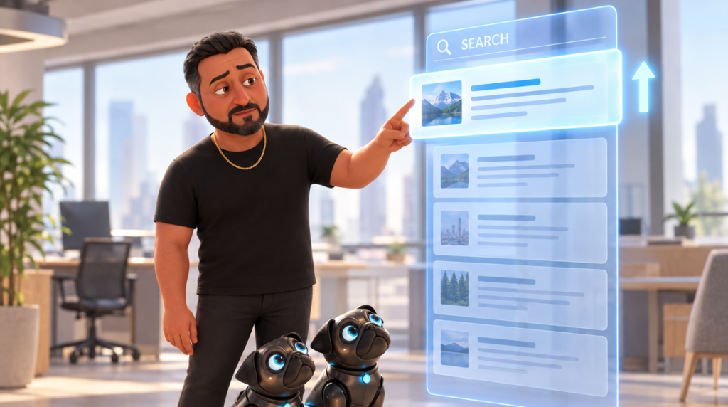 Illustration of a business owner pointing up at a tall holographic search results panel, where the top result is lit and lifted forward with an arrow showing a climb up the rankings. Two robotic black pugs sit at his feet looking up at the top result.