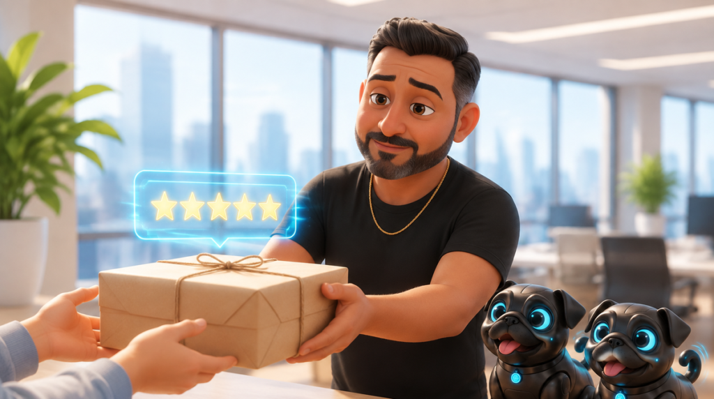 Illustration of a business owner warmly handing a wrapped parcel to a customer, whose hands reach in from the edge of the frame. A small holographic panel between them shows a five-star row with all five lit, and two robotic black pugs greet the customer with their tails up.