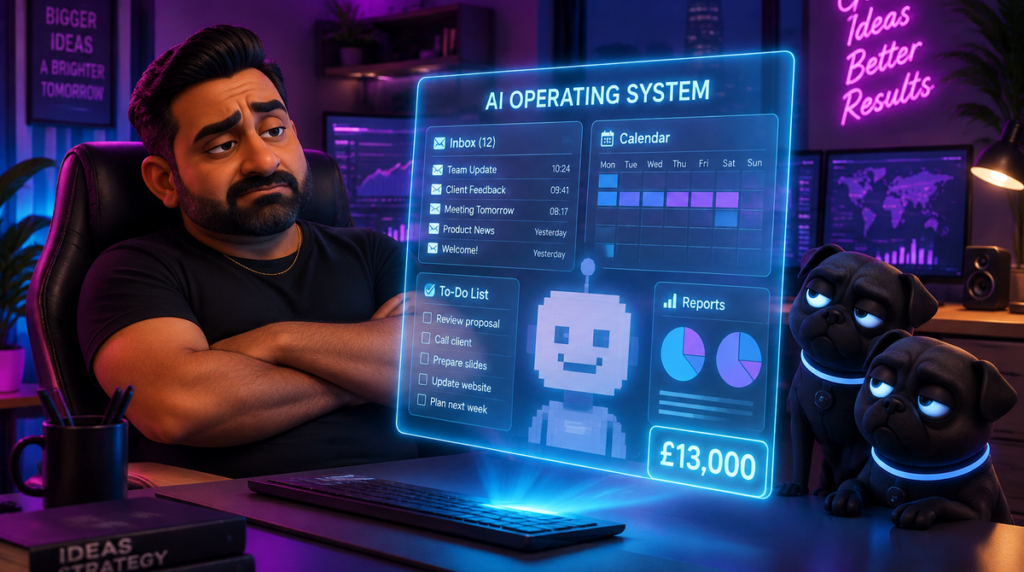 A business owner sitting with his arms folded, looking thoroughly unimpressed at a glowing hologram labelled 'AI Operating System' priced at 13,000 pounds, which turns out to be nothing more than an email inbox, a calendar, a to-do list and a crude pixelated robot face. Two robotic black pugs sit beside him looking equally unconvinced.