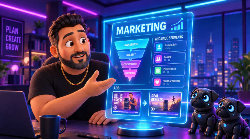 Illustration of a business owner at a desk at night, gesturing at a glowing holographic marketing panel showing a narrowing sales funnel, a cluster of audience segment cards and adverts being generated one after another. Two robotic black pugs sit on the desk watching the funnel.
