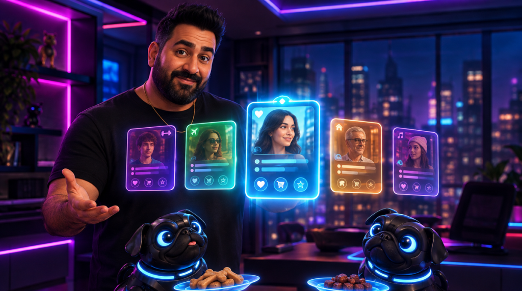 Illustration of a business owner explaining five floating holographic customer cards, each visibly different from the others, with the middle one enlarged and lit to show it has been tailored to that individual. Two robotic black pugs below are each offered a different treat on its own floating plate.