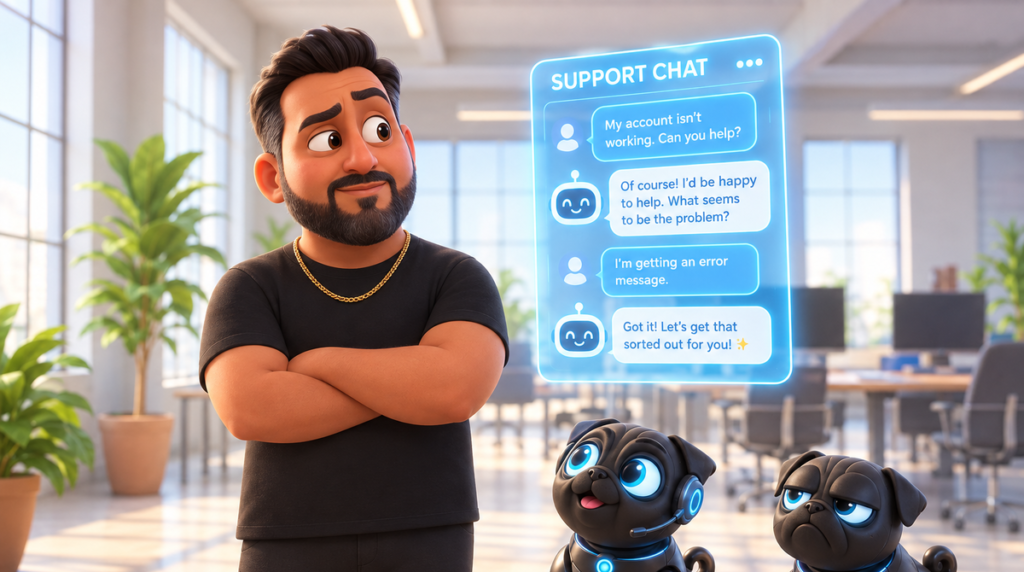 Illustration of a business owner standing with his arms folded and one eyebrow raised, mildly sceptical, beside a floating holographic support chat window where a small cartoon robot face is replying to a stack of customer messages. One robotic black pug wears a headset and looks pleased with itself; the other looks unimpressed.