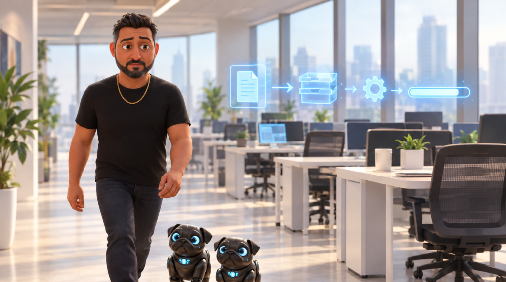 Illustration of a business owner walking down a bright open-plan office, with faint holographic automations running quietly above the empty desks behind him: a document moving between trays, a turning gear, a filling progress bar. Two robotic black pugs trot along at his heel.