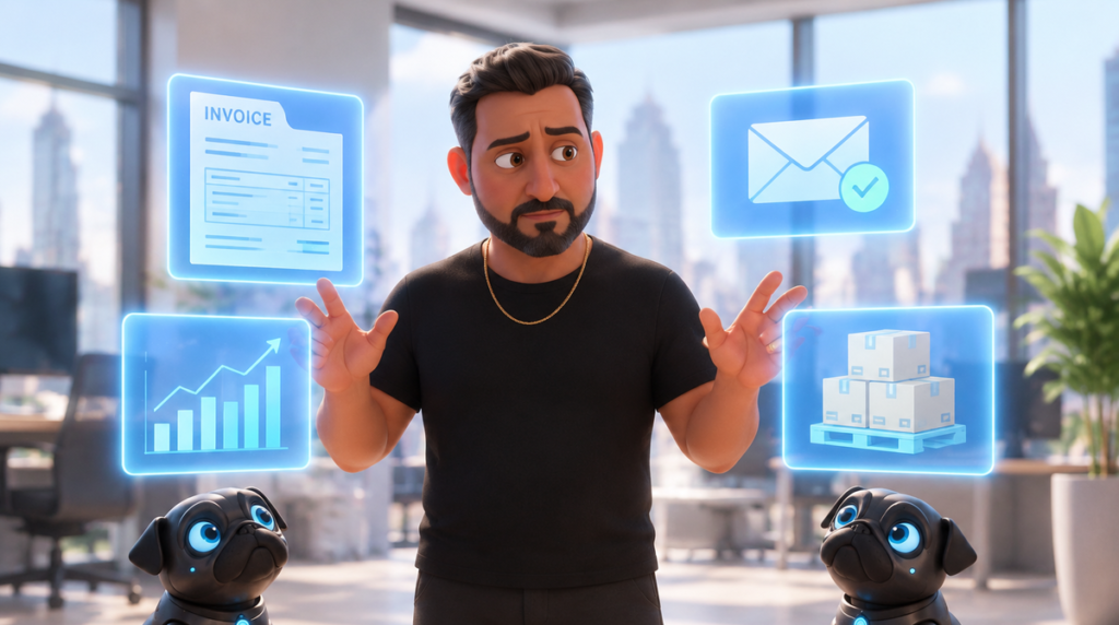 Illustration of a business owner surrounded by four separate small floating holographic scenes at different heights: an invoice, an email marked with a tick, a bar chart, and a stack of warehouse boxes. Two robotic black pugs sit at his feet, one watching the invoice and one the boxes.