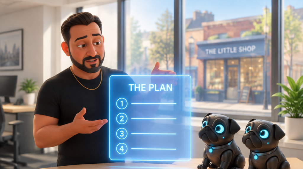 Illustration of a business owner explaining a holographic panel headed The Plan that contains only four simple numbered steps and nothing more. An independent shopfront is visible through the window behind him, and two robotic black pugs sit attentively facing the panel.
