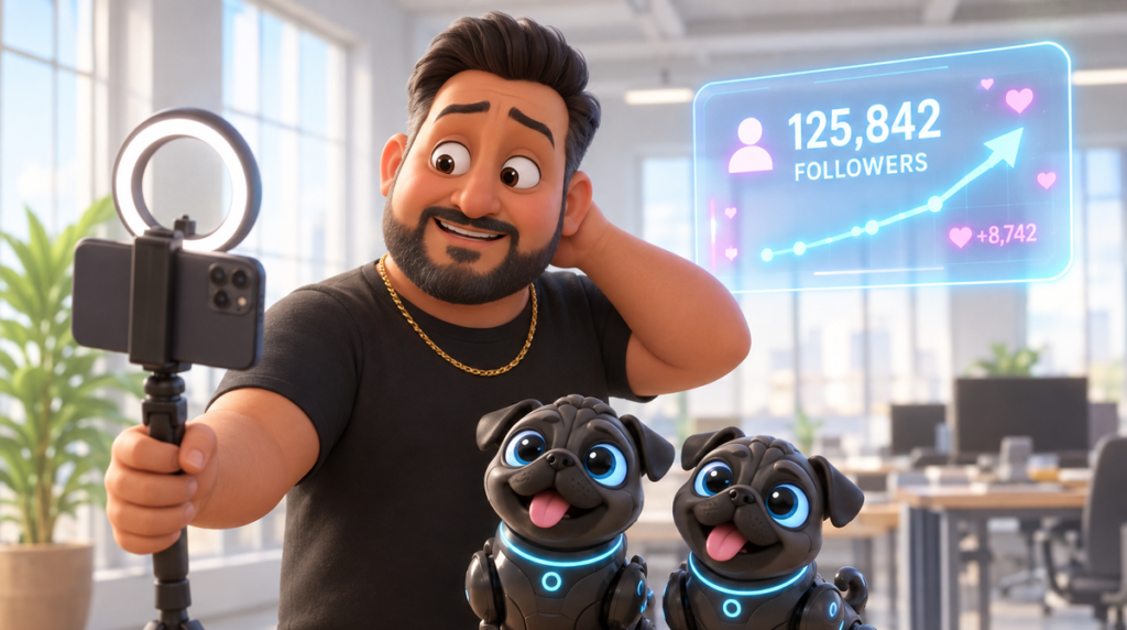 Illustration of a business owner holding a smartphone on a ring-light tripod, looking faintly embarrassed, while a holographic panel beside him shows a follower count climbing. Two robotic black pugs pose enthusiastically straight down the camera lens.