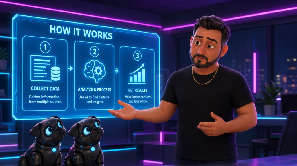 Illustration of a business owner patiently explaining a large, deliberately simple holographic diagram of glowing nodes connected in three layers, labelled How It Works. Two robotic black pugs sit below with heads tilted, watching the nodes light up in sequence.