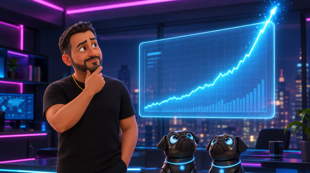 Illustration of a business owner looking up, quietly pleased, at a holographic line graph curving steeply upward whose leading edge breaks out through the top of its own panel and glows brighter where it escapes. Two robotic black pugs tip their heads back to follow the line.