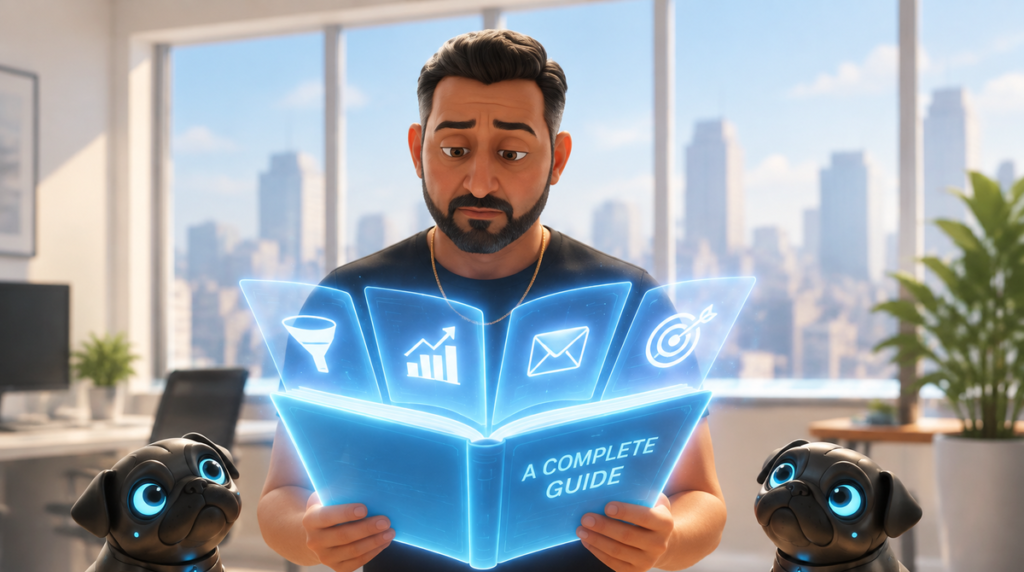 Illustration of a business owner holding open a large glowing holographic book titled A Complete Guide, its translucent pages fanning out in the air, each carrying a simple diagram: a funnel, a chart, an envelope, a target. A robotic black pug sits either side of him looking up at the pages.