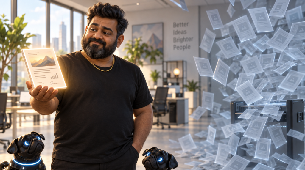 A business owner holding out a single warmly lit, signed printed case-study document, while behind him a machine spews a blizzard of dozens of identical flimsy translucent grey sheets. Two robotic black pugs ignore the blizzard entirely and look up at the one real document.